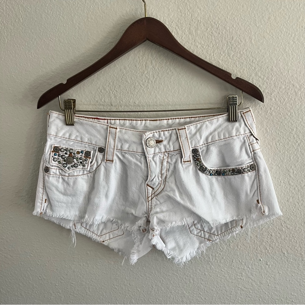 True Religion White Distressed Denim Jean Shorts with Stud Detail